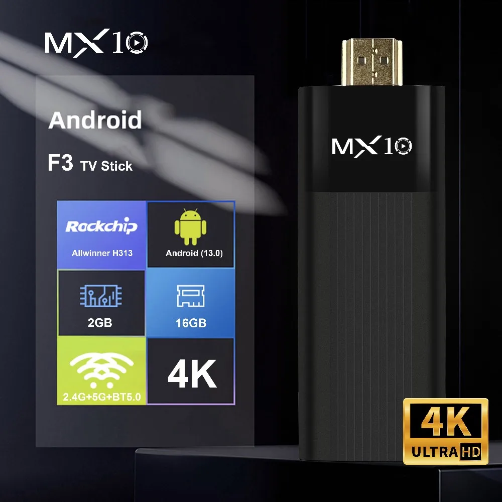 MX10 F3 Dongle TV Inteligente 4K Allwinner H313 60fps 2G+16G Android 13 WiFi 6 Control por Voz Smart TV Box