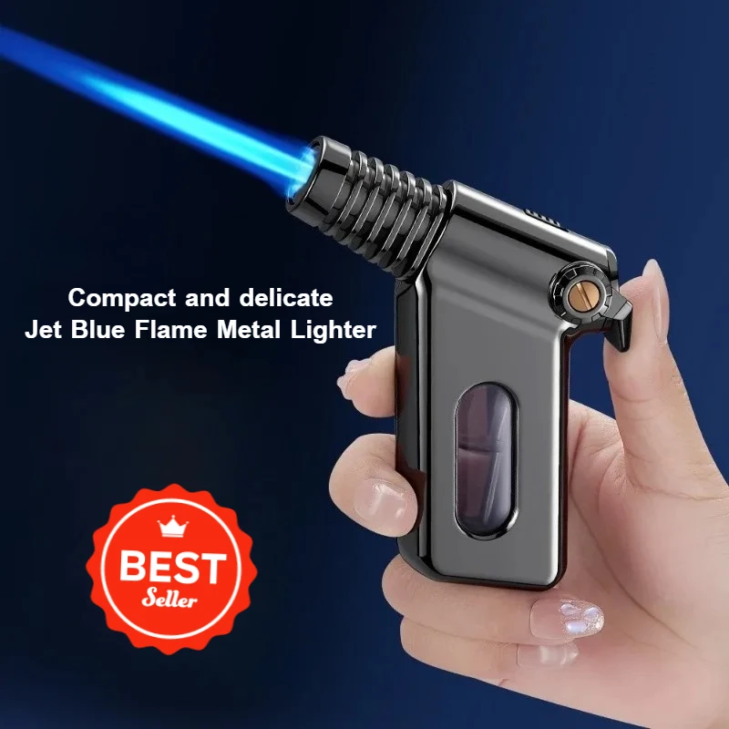 

Новая уличная ветрозащитная газовая зажигалка-горелка Jet Blue Flame с бутаном, с защитным замком, видимым окном уровня газа, для кухни и сигар