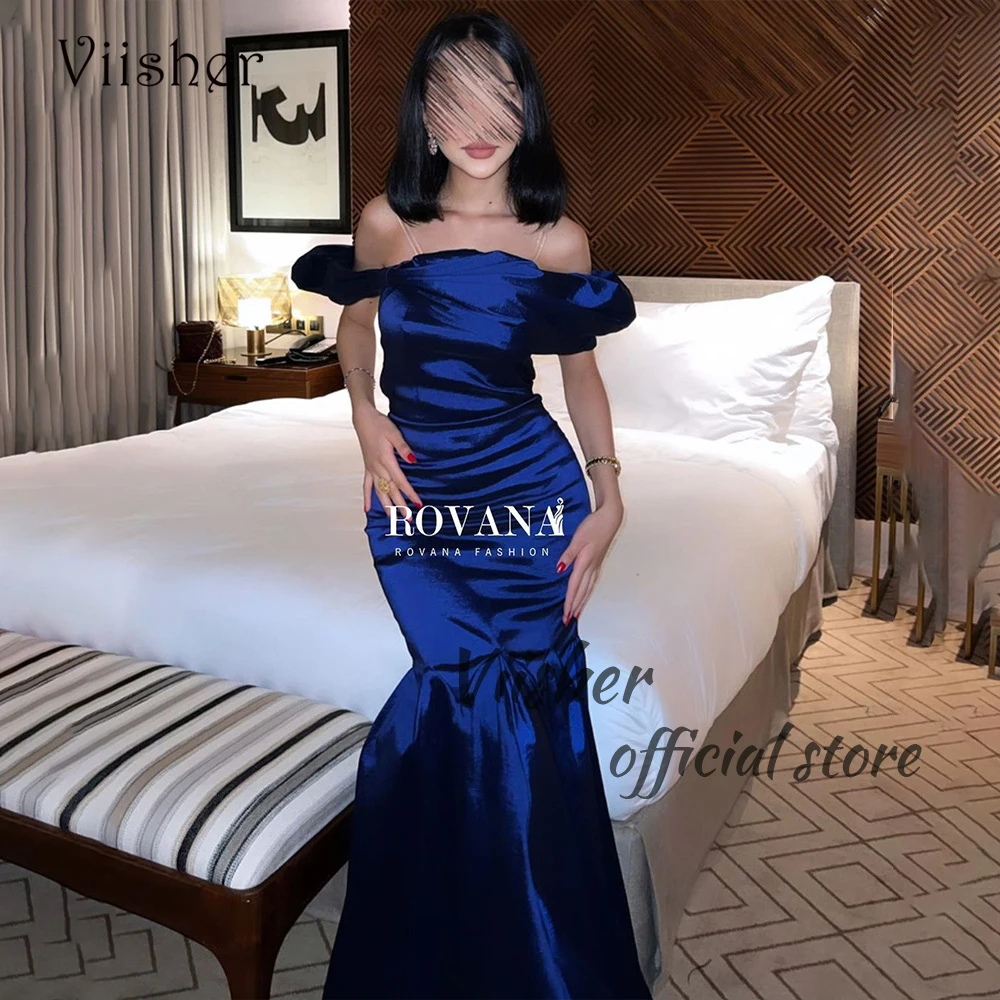 

Royal Blue Mermaid Evening Dresses Off Shoulder Pleats Satin Strapless Arabian Dubai Formal Dress Floor Length Party Gowns