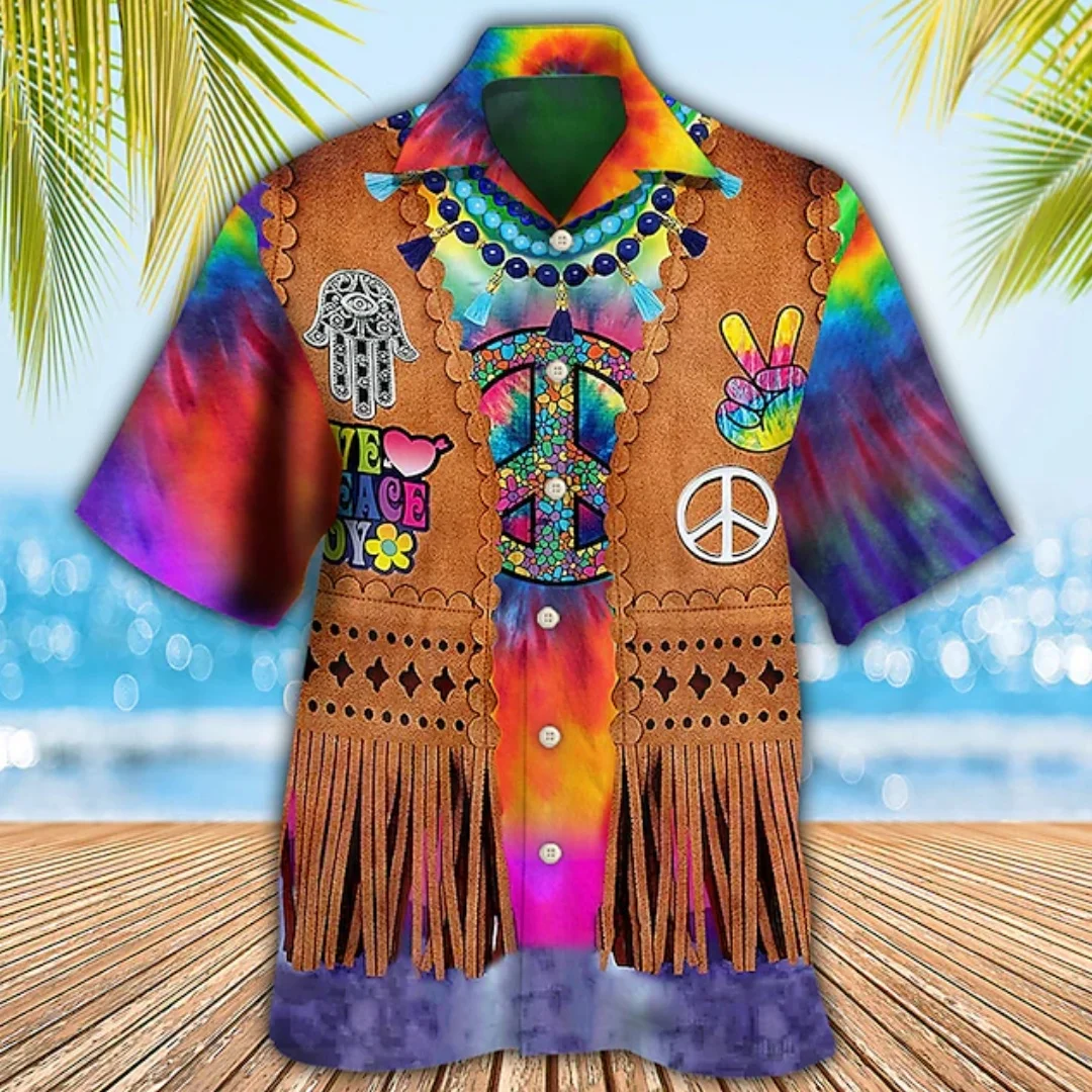 

Vintage Men's Short Sleeve Shirt Tribal Ethnic Style Apollo Button Cardigan Turtleneck OverSize Men's Clothing
