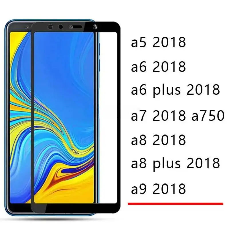 Funda para Samsung A5 A6 A7 A8 Plus A9 2018, cubierta con pegamento completo, vidrio templado, protector de pantalla de seguridad para Galaxy A 5 6 7 8 9.