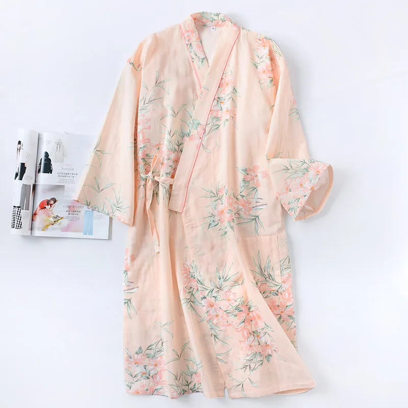 Spring New Rich Flower Robe Women\'s Cotton Robe Double Gauze Sleepwear Summer Thin Dressing Gown Japanese Loose Kimono Mujer