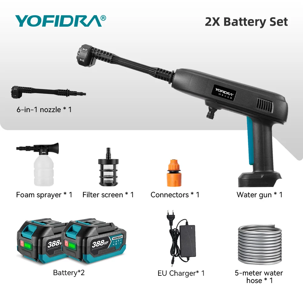 YOFIDRA 6IN1 Hogedruk Elektrisch Waterspuitpistool Auto Tuin Wasmachine Tool Met 22L Opvouwbare Wateremmer Voor Makita Batterij pin