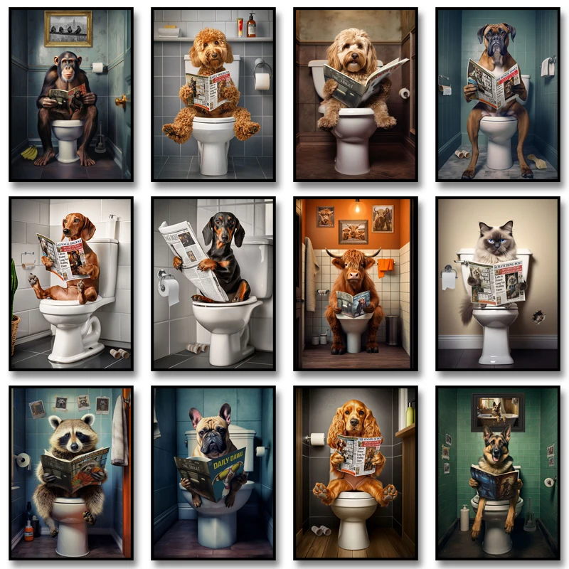 Goldendoodle – affiche de journaux de lecture de singe des Highlands, vache sur les toilettes, peinture sur toile imprimée d'animaux, décor mural de salle de bains drôle