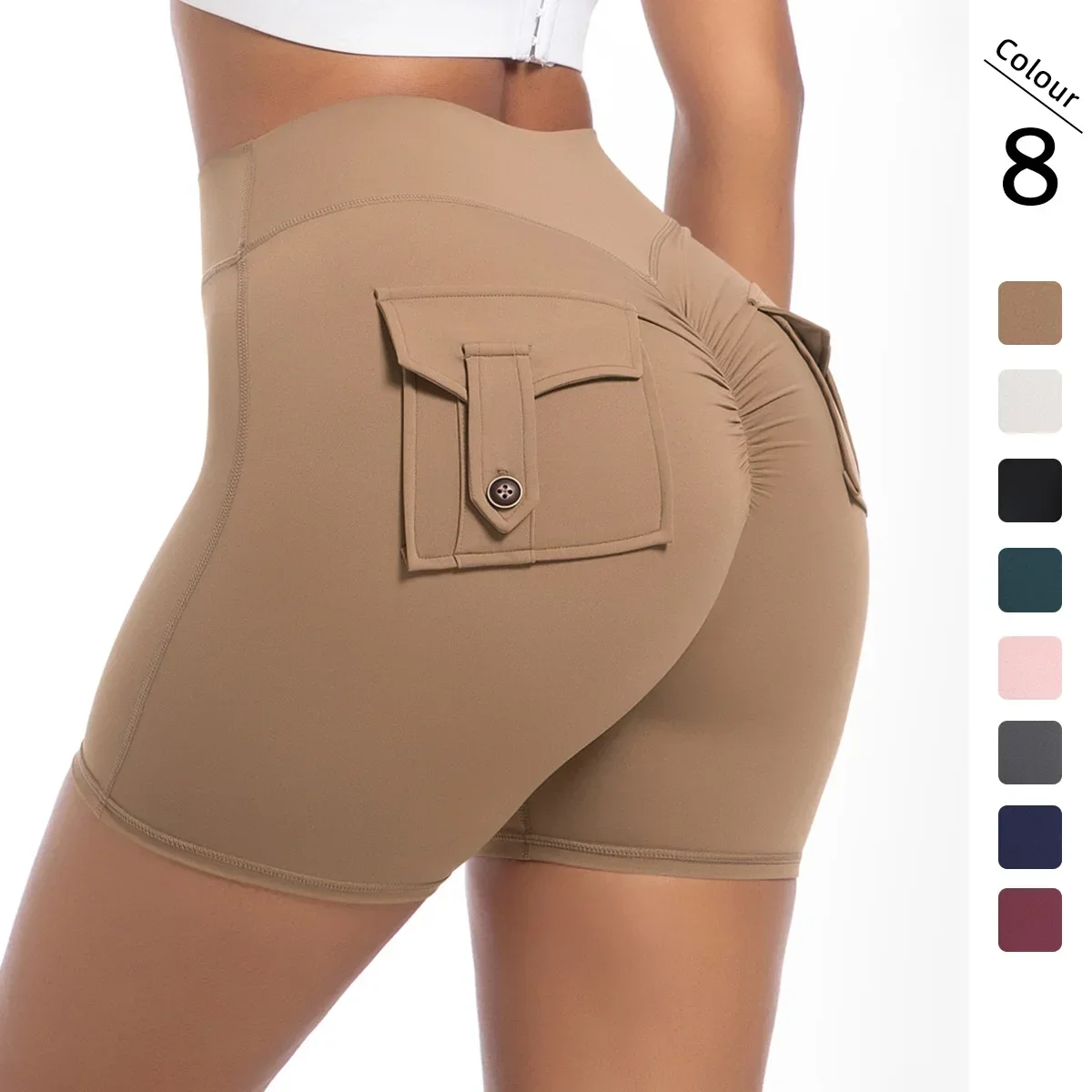 

New Peach Hip Tooling Tight Shorts Women's High Waist Elastic Hip Lift Button Yoga Pants Quick-drying Running Fitness Pants