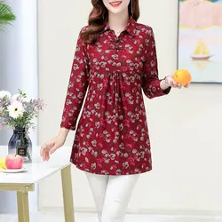 Female Clothing Vintage Broken Flowers Shirt Casual Folds Spliced Spring Autumn Polo-Neck Folk Chinese Disc Buckle Midi Blouse