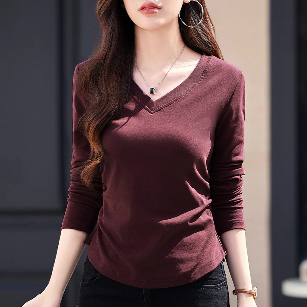 

Chinese style black long sleeved T-shirt women's autumn new high-end cotton V-neck button pleated casual top