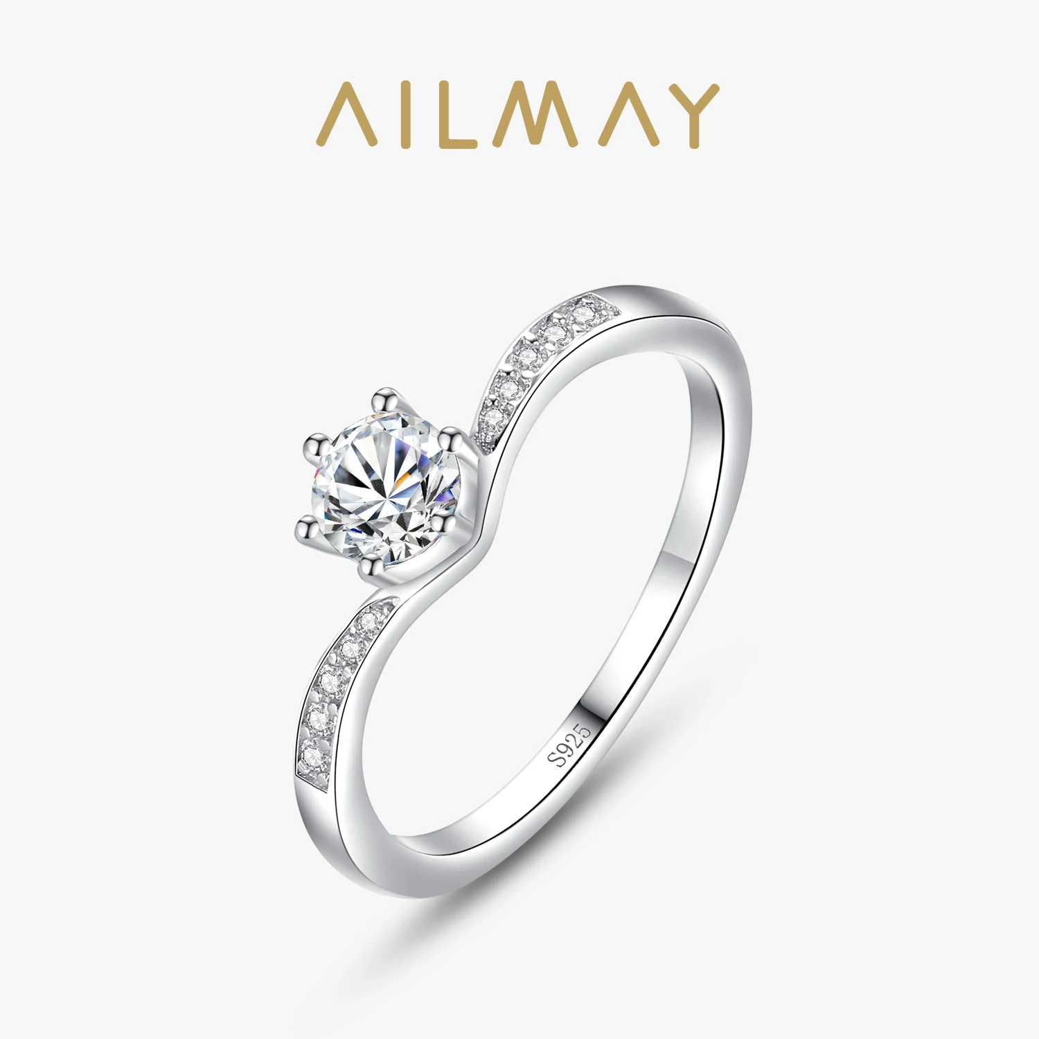 

Ailmay New Arrival Real 925 Sterling Silver Round Cubic Zirconia CZ Ring For Women Wedding Statement Fine Silver Jewelry