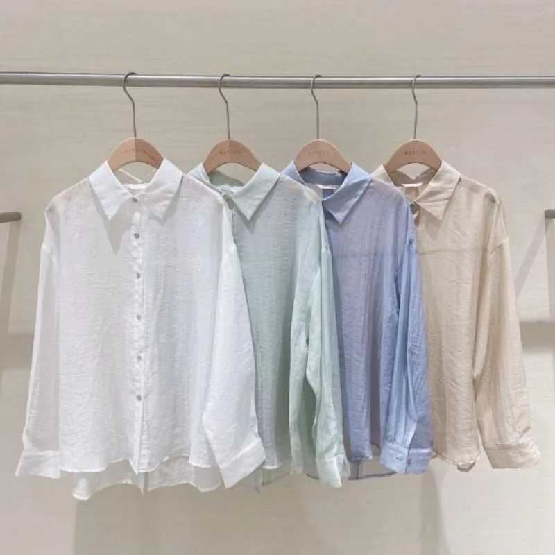 Summer Blouse For Women Vintage Shirts Long Sleeve Bandage Loose Cardigan Korean Fashion Solid Color Daily Ladies Clothes Top