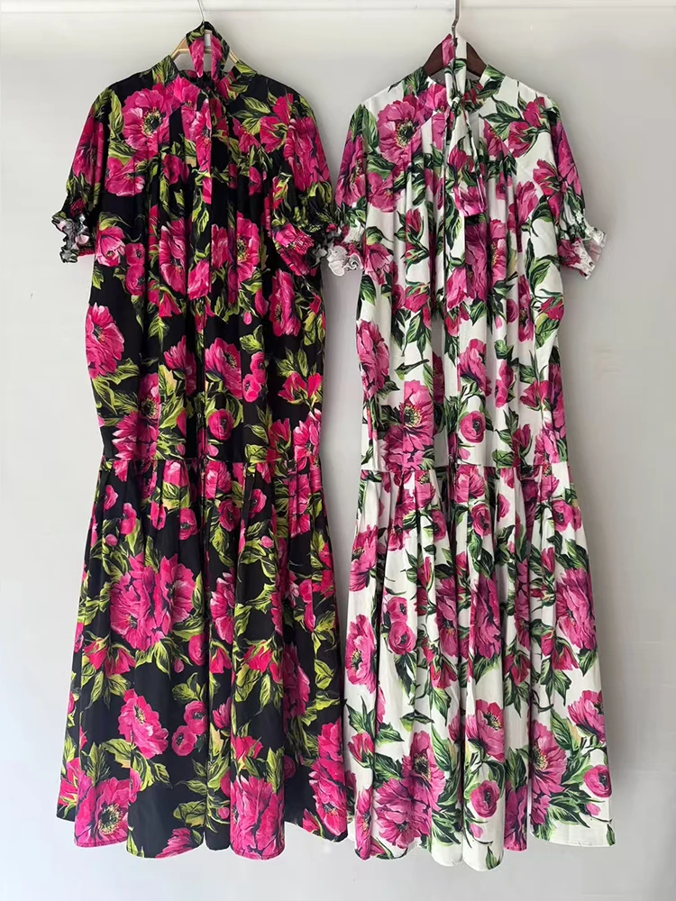 2025 여름 여성 빈티지 프린트 라운드 넥 싱글 브레스트 레이스 업 신치 웨이스트 드레스와 주름진 루즈 푹신한 스커트