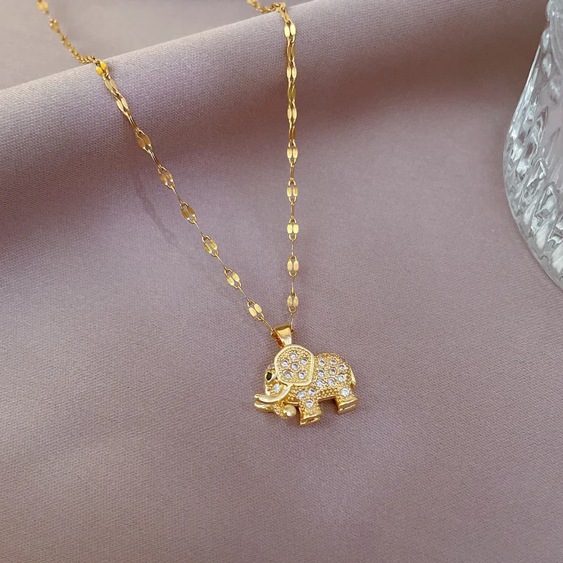 Original Design Full Zircon Elephant Cartoon Pendant Necklace for Women Exquisite Gold Color Stainless Steel Jewelry Accessories