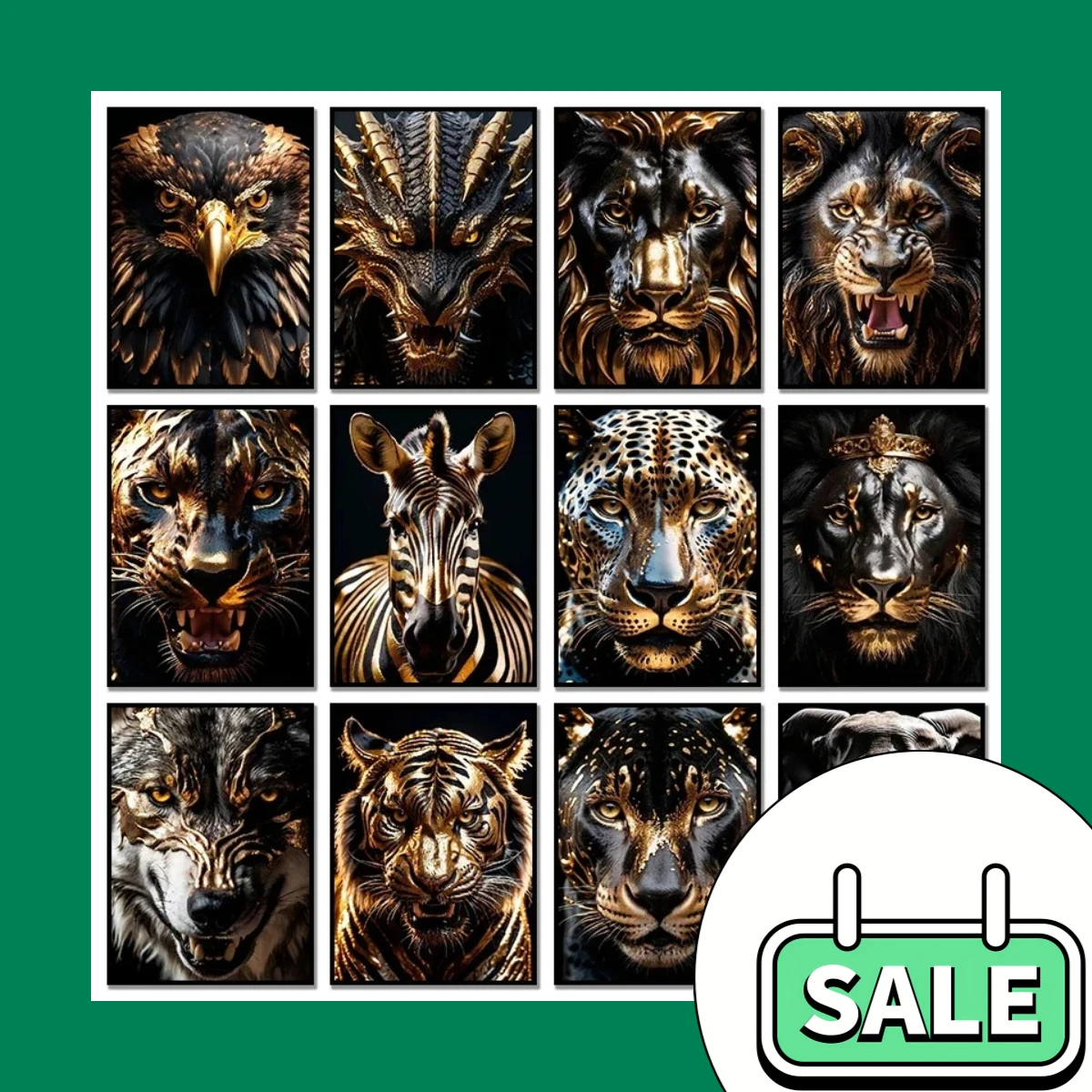Crowns of the Wild – Black Gold Zebra Lion Tiger Eagle Wolf Frameless Canvas for Luxury Living Room Wall Decor 2026