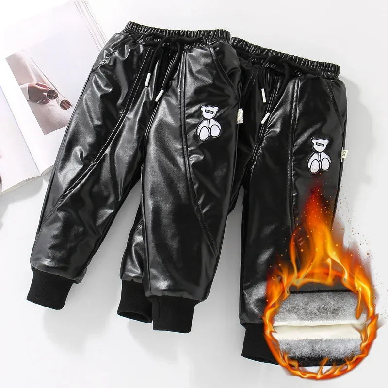 Children Cotton Padded Warm Trousers Kid Girls  PU Faux Leather Pants Kids Winter Fleece Black Imitation Leather Pants for Boy