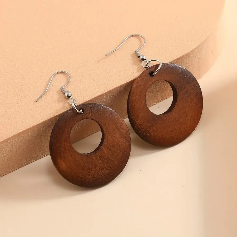 1/5/10/20/50/100pcs Hollow Round Shape Brown Color Dangle Earrings Retro Bohemian Style Wooden Jewelry Trendy Gift for Women Fal