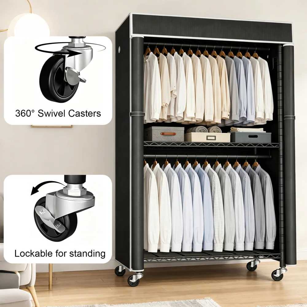 Orraves Freestanding Metal Garment Rack with Dust Cover, Single Hanging Rod, Storage Shelf, Side Hooks and Rolling Wheels, Portable Wardrobe Organizer for Bedroom Home Storage