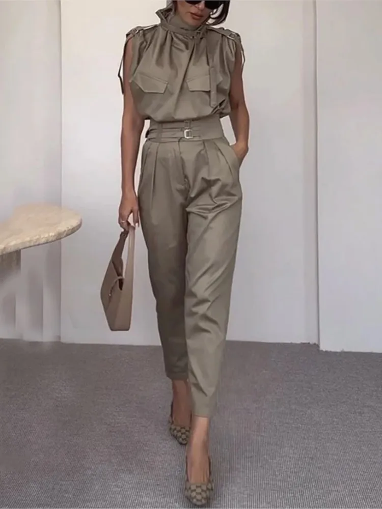 

Summer Women Solid Patchwork Chic Matching Set, Cargo Pants Fashion Simple Outfit, Sleeveless Turtleneck Ladies Suits Streetwear