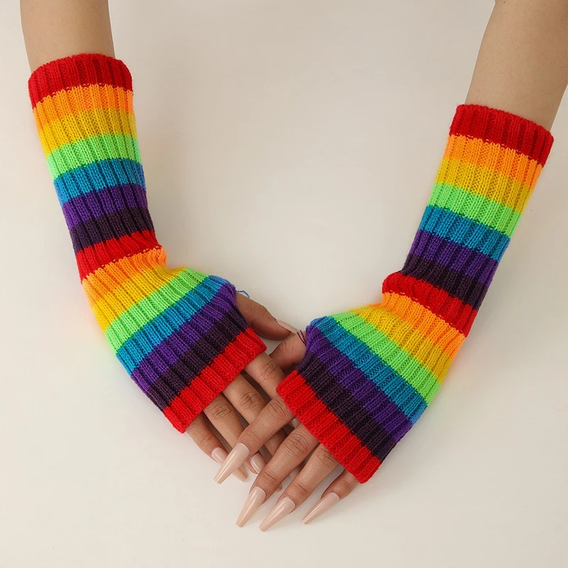 Lolita Knitted Striped Arm Sleeves Winter Elbow Length Long Fingerless Gloves Colorful Warm False Sleeves Cuffs Party Accessory