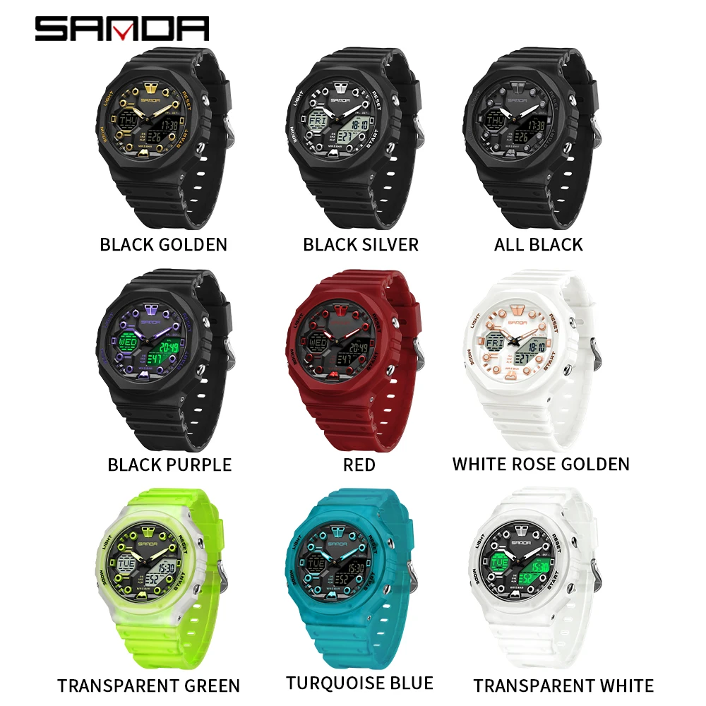 サンダ-男性と女性のための多機能電子クォーツ時計、防水目覚まし時計、LED、クール、ファッショントレンド、6200
