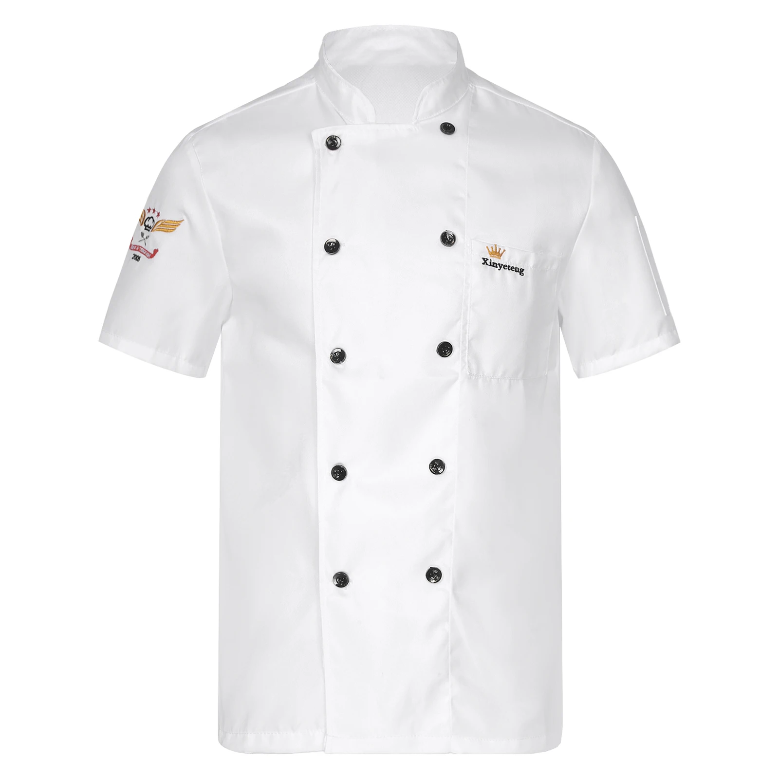 Chef casaco bordado manga curta feminino, uniforme de cozinheiro de cozinha com bolsos, gola alta, jaqueta trespassado, memes