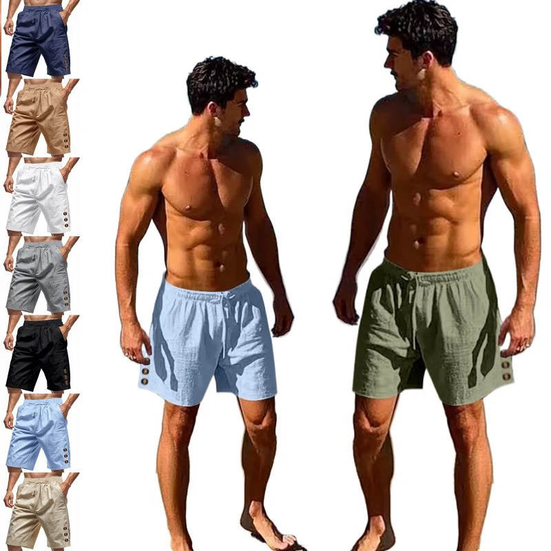 

Мужские льняные пляжные шорты, лето 202, дышащие, повседневные, свободные, легкие спортивные плавки средней длины, быстросохнущие