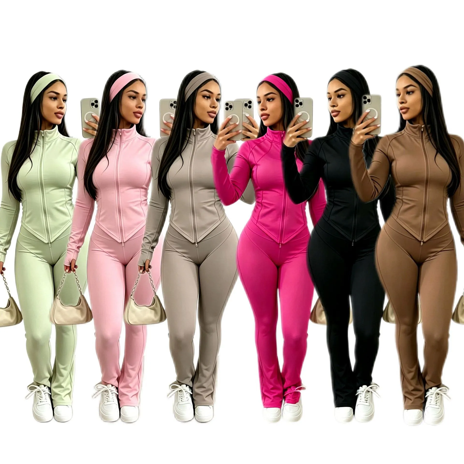 Skinny Flared Three Piece Matching Set Women's Sportswear Jumpsuit Playsuit Tracksuit
