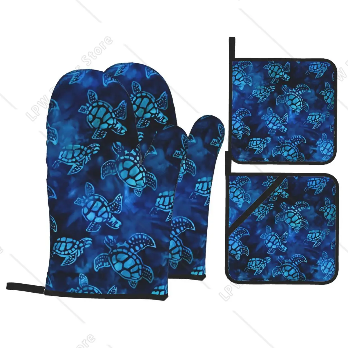Blue Sea Turtles Oven Mitts and Pot Holders for Kitchen Sets of 4 Sea Animal Nautical Heat Resistant Baking BBQ Cooking Gloves