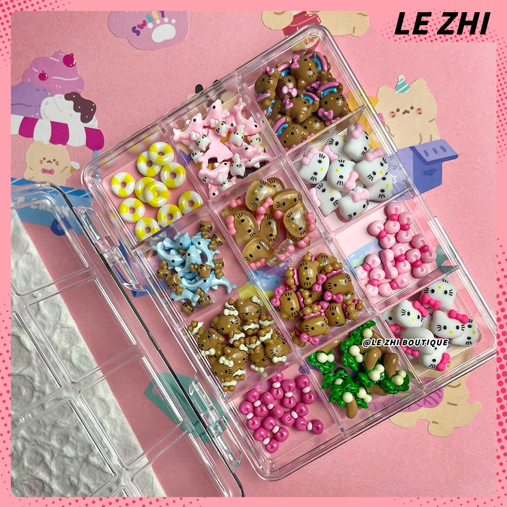 120pcs Boxed Kawaii Black Skin Hello Kitty Nails Art Charms Accessories Hawaii Dolphin KT Coconut Tree Bow DIY Resin Accessories