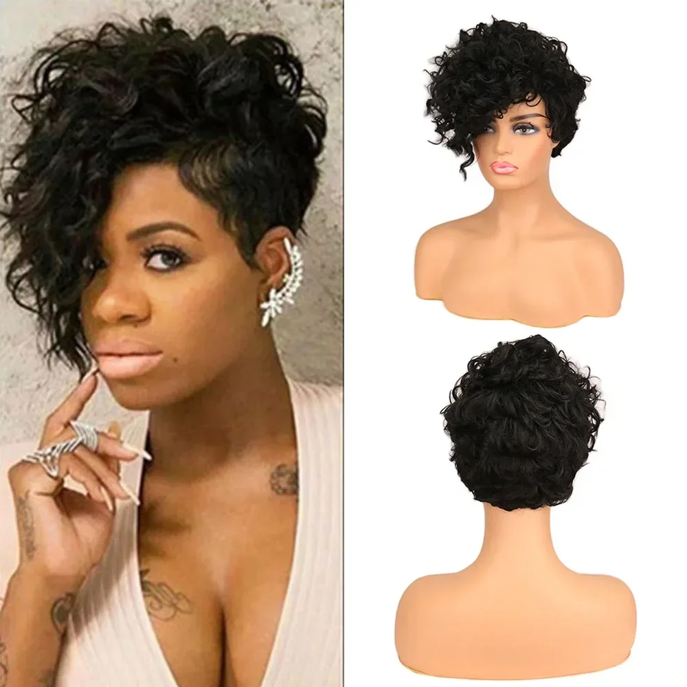 WHIMSICAL W Women Synthetic Wigs Short Curl Natural Black Cosplay Wigs with Bangs Heat Resistant Hair For Black Women