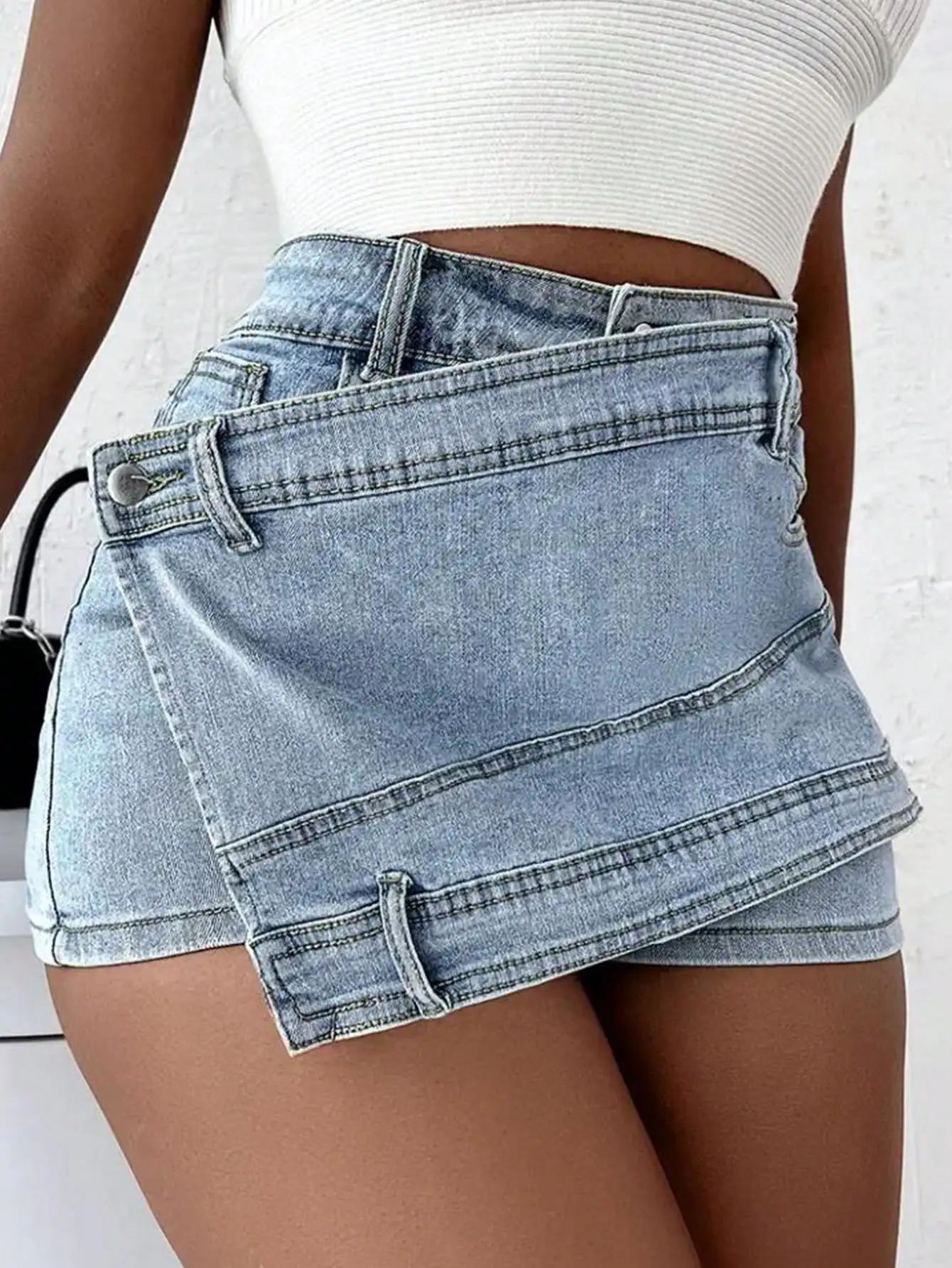 2023 Women Fashion Denim Mini Skort Rave Street Wrap Stretch Irregular A-Line Skinny Cargo Jean Shorts Mujer