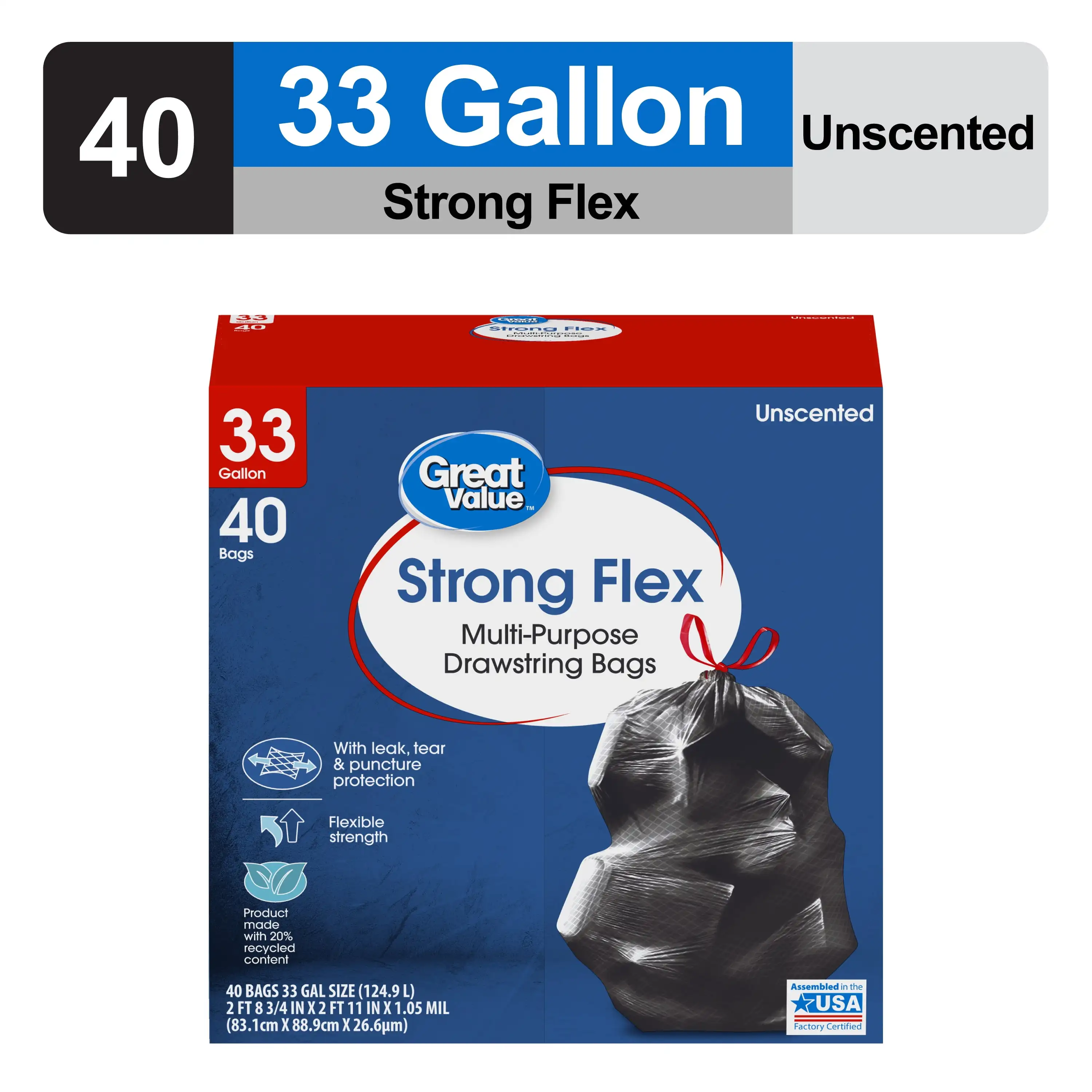 

Многоцелевые мешки для мусора Strong Flex на шнурке, 33 галлона, без запаха, 40 пакетов