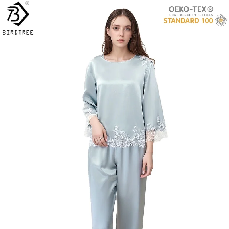 BirdTree,OEKO-TEX, 19MM 100%  Silk Pajamas Set,Women's Solid Full Sleeve O-neck Lace Homewear Clothes,2025 New P5D931JF