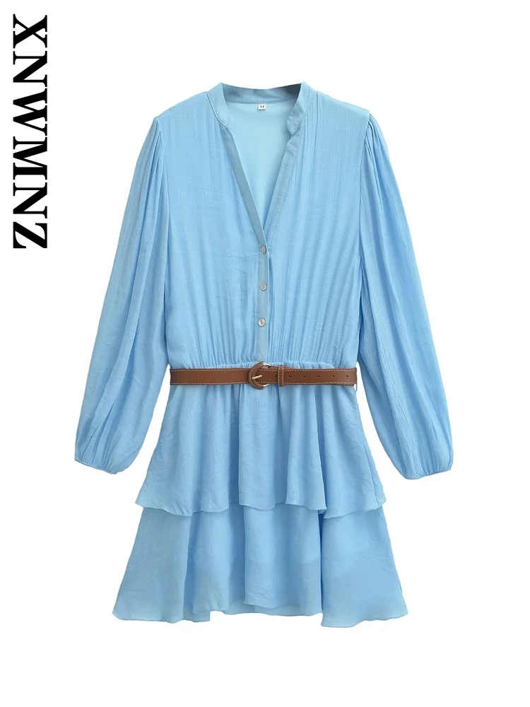 

XNWMNZ 2025 Summer New Woman's Commuting Fashion Long Sleeve V-Collar Tierred midi Dresses Casual Vintage Lady Blue Button Dress