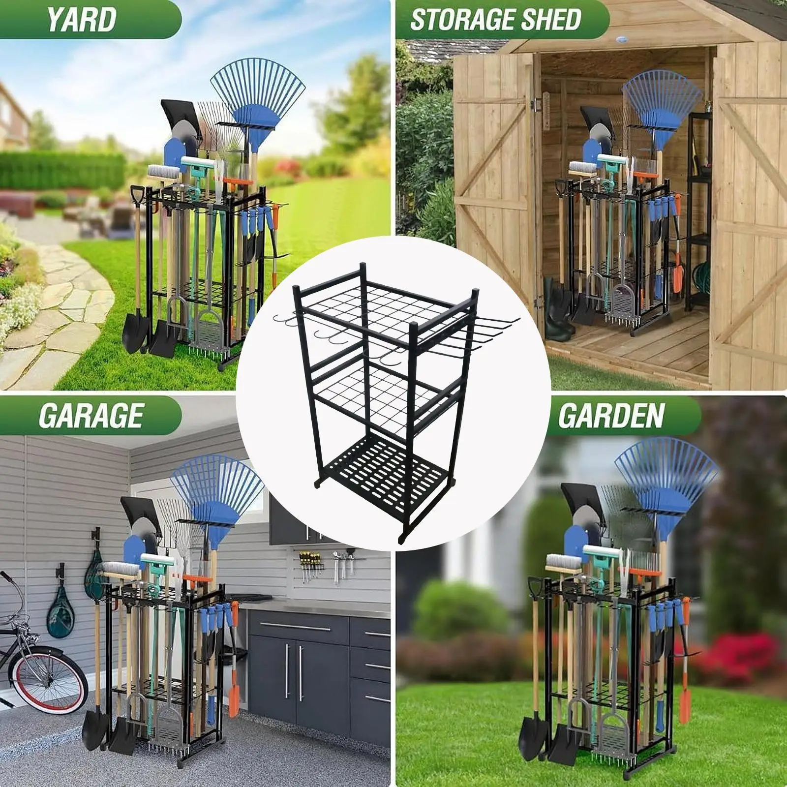 

Garden Tool Organizer 3 Tier Carbon Steel Heavy Duty for Rakes Shed Basement