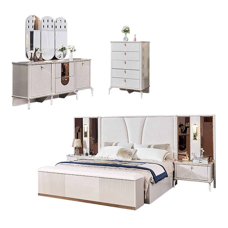 &Modern Luxury Wooden king Size Bedroom Sets Complete Double Bed Leather Home Room Storage Wood Frame Bedroom Furniture Set
