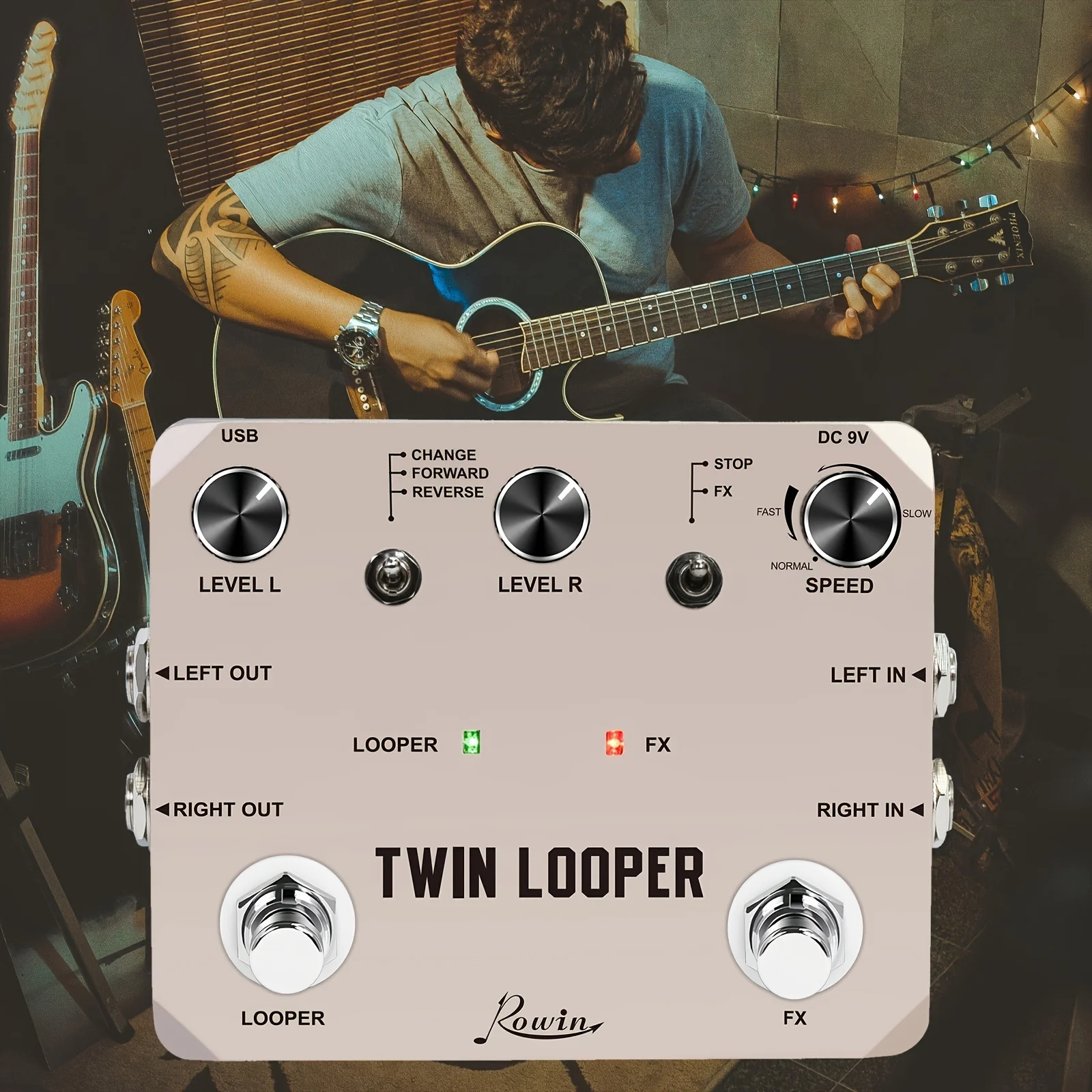 

Rowin Music Twin Looper Dual Pedal - 10 Mins Looping, Unlimited Overdubs, Reverse/Half-Speed Effects, USB Audio Interface
