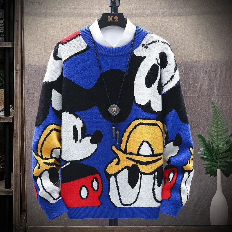 Disney Mickey Mouse kaczor Donald sweter zimowy dzianinowa odzież młodzieżowy koreański stylowy modny ciepła dzianina szeroki sweter Hip Hop