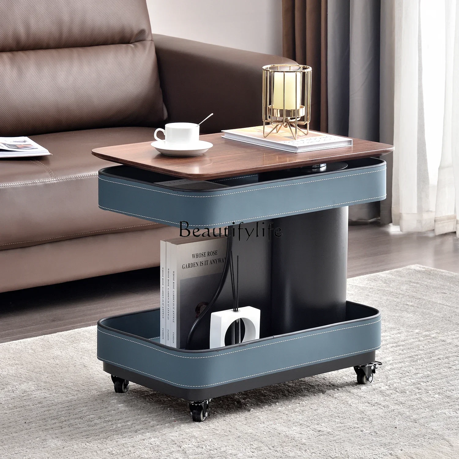

1PJ12**Solid wood movable side table lifting coffee table living room minimalist trolley