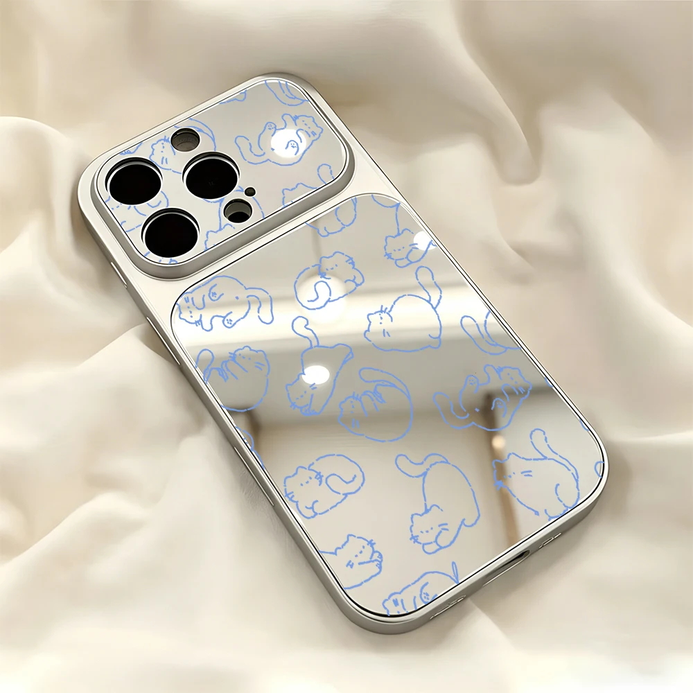 Coque de protection pour iPhone 17 16 15 14 13 12 11 Pro Max Air Plus avec motif chat paresseux bleu mignon et miroir grand format