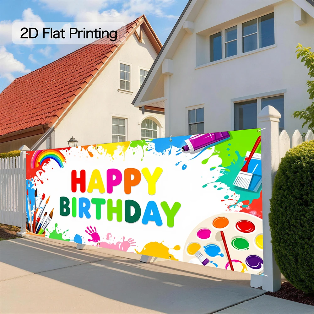Happy Birthday Garage Door Banner with Rainbow Paint Tools Artistic Design Party Supplies for Indoor & Outdoor Wall Decor 13x6FT