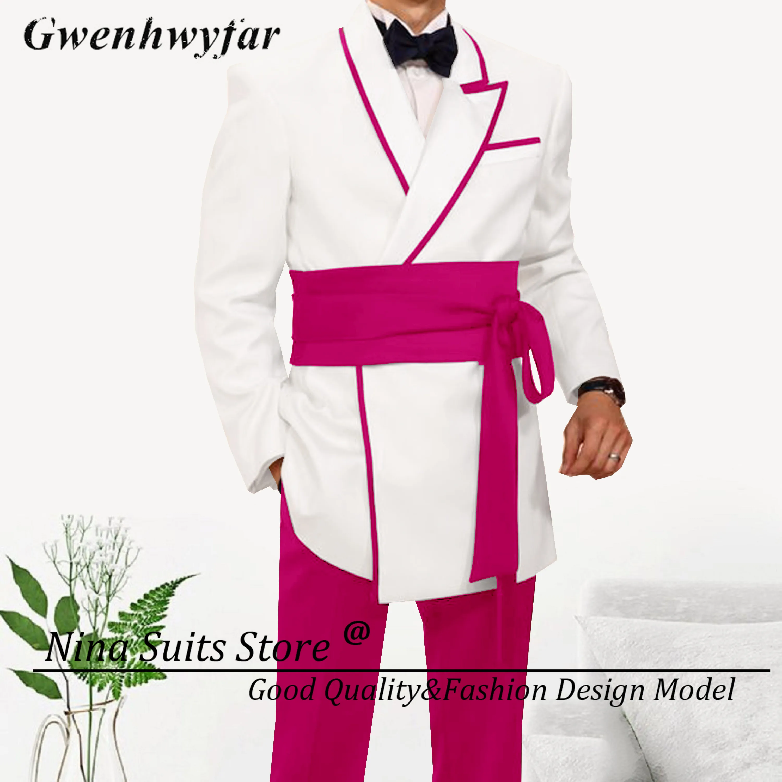 

Nina Store 2026 New Groom Wedding Tuxedos Asymmetrical Lapel White Blazer with Hot Pink Pants and Belt Party Man Suit Casual