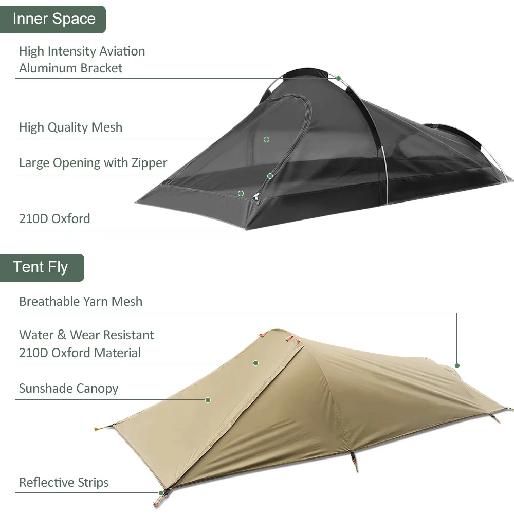 Ultralight Outdoor Single Person Camping Tent Water Resistant Tent Aviation Aluminum Support Portable Sleeping Bag Tent