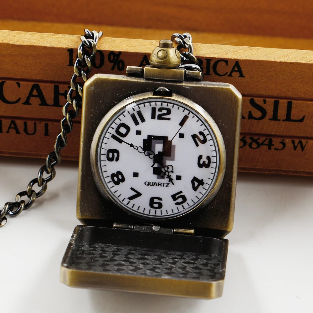 Retro  Question Mark Design Pocket Watch Creative Square Box Cool Bronze Steampunk Necklace Mens with Chain