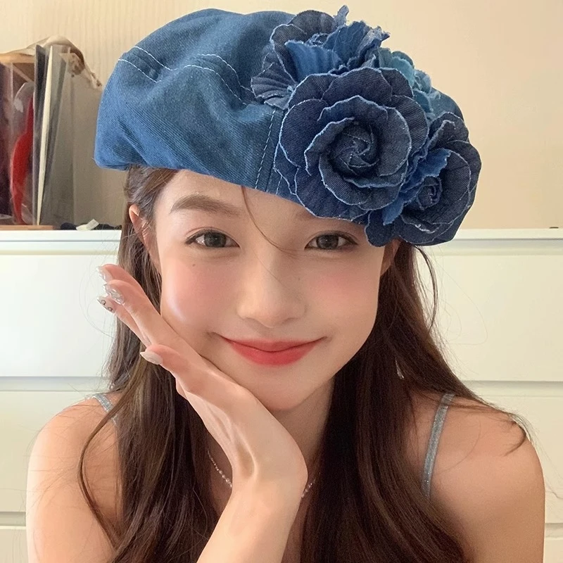 color-blocking three-dimensional floral denim beret for women, trendy and stylish, makes the face look smalle fluffy artist hat