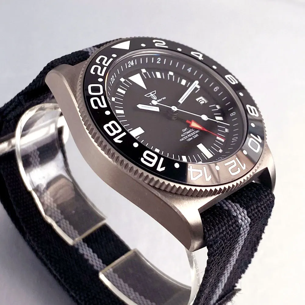 Tandorio 42 مللي متر ريترو تيتانيوم لونين بتوقيت جرينتش الحافة الناتو حزام نايلون الياقوت الزجاج NH34 حركة أوتوماتيكية 10ATM ساعة رجالية مضيئة #4