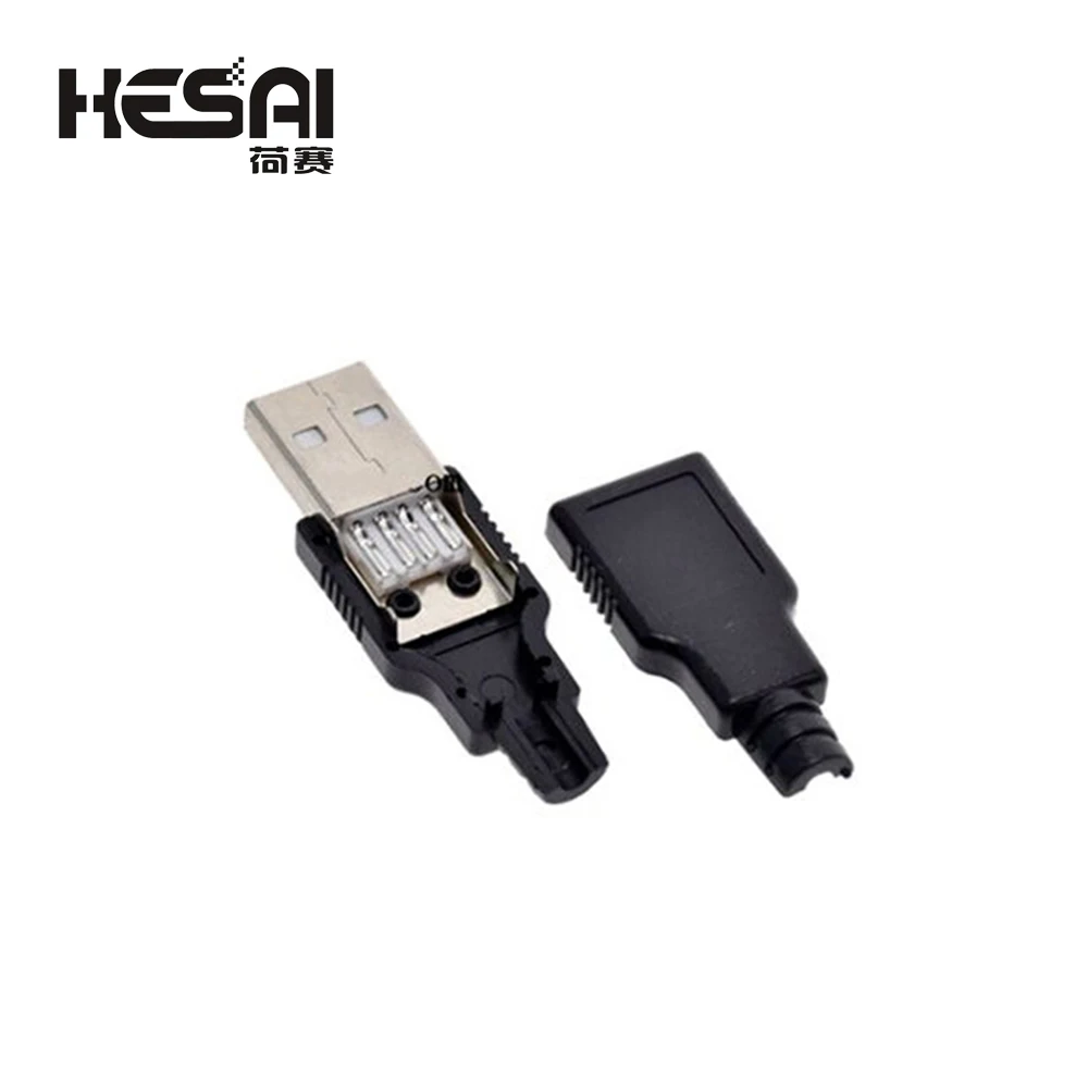 Conector USB 2.0 macho e fêmea com tampa de plástico preto, 4 pinos Plug, adaptador, Kit DIY, tipo A, 1, 5, 10 Set