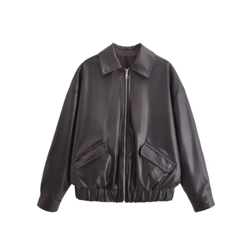 Top in pelle PU con vita retrò americana, stile casual sottile e allentato per l'autunno, nuovo capispalla alla moda da donna più facile