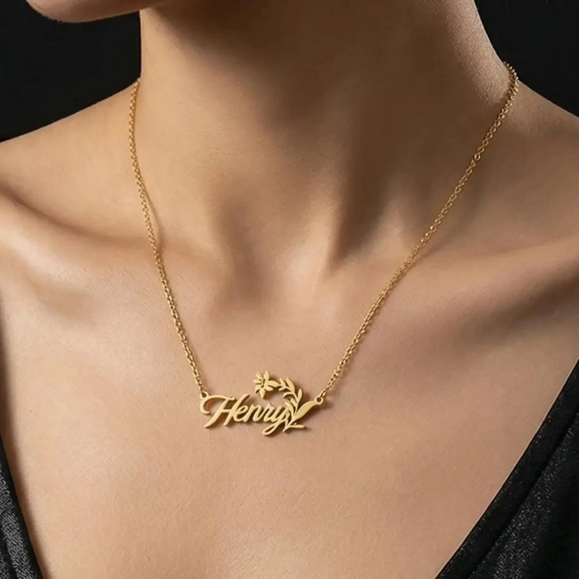 Custom Flower Name Necklace Personalized Floral Choker Bespoke Script Nameplate Necklaces For Women Men Stainless Steel Jewelry