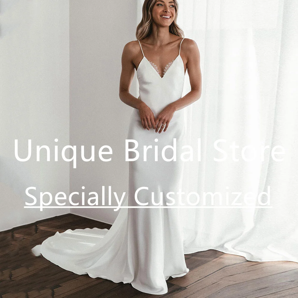 

CustomizedNew Design Bridal Gown Jersey V-Neck Spaghetti Strap Women's Sexy Lace Backless Draped Court Train Wedding Dress For W