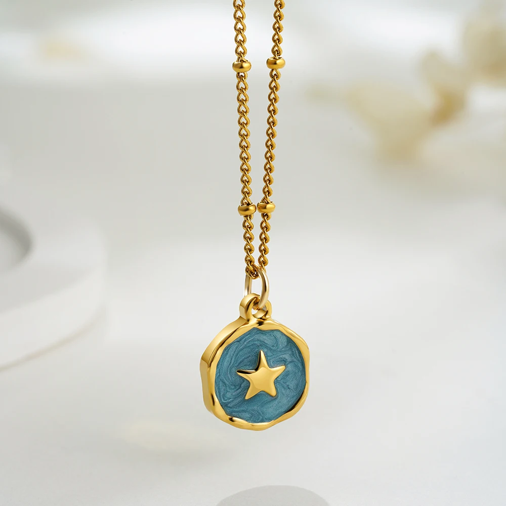 Punk Geometric Irregular Enamel Colorful Natural Stone Pendant Necklace for Women Stainless Steel Cross Heart Opal Choker Gifts