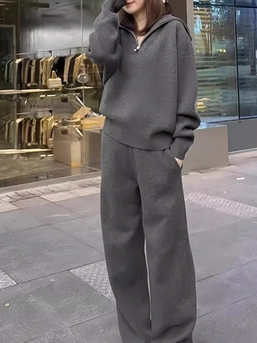 プラスサイズ カジュアル スポーツウェア セット レディース 秋冬新作 スリップジップアップトップ ロングパンツ ツーピースセット トレンド ポリエステル繊維